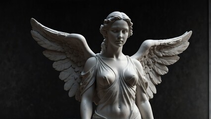 Sticker - female angel white smooth marble statue on plain black background from Generative AI