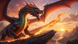 A majestic blue dragon breathes fire atop rugged mountains during sunset, portraying power and fantasy.. AI Generation