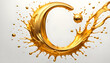 goldener großer Buchstabe C umspült von einer dynamisch bewegten Welle aus flüssigem Gold Spritzer, edel und leuchtend als Hintergrund und Vorlage für Gestaltung  Symbol Logo 3D Metall