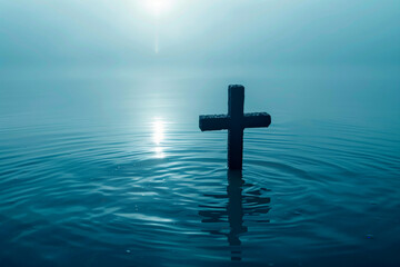 Wall Mural - Christ with cross in water submerged in a blue lake. Generative AI