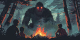 Fototapeta  - Young school boys telling scary campfire stories with a bigfoot watching from the dark woods. Summer camp scary sasquatch story.