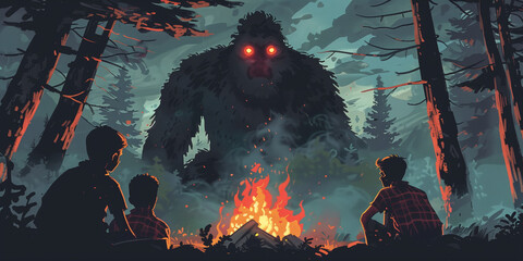 Young school boys telling scary campfire stories with a bigfoot watching from the dark woods. Summer camp scary sasquatch story.