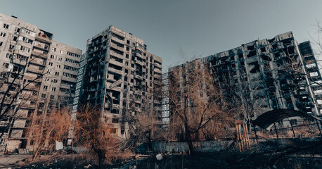 destroyed and burned houses in the city Russia Ukraine war