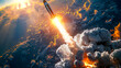 Skybound Adventure Captivating Space Rocket Launch Amidst Clouds and Stunning Landscape