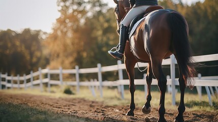 The beginning of a riding lesson at the equestrian school. Banner with space for text and copy space where on one side stands a horse with a rider