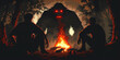 Young men sitting around the campfire with a bigfoot monster watching from the deep dark woods. Scary sasquatch story.