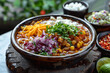 Mexican food, pozole, wood background, menu shot