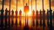 Business people in a modern office and a sunset background. For leadership and success in business concept.
