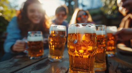 Wall Mural - Young individuals of varied ethnicities come together for a backyard dinner, gathering around a bar table to raise their beer glasses in cheers