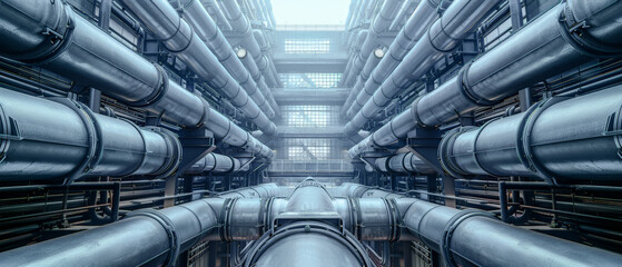 Array of industrial Pipes in and around Buildings Wallpaper Cover Background Brainstorming