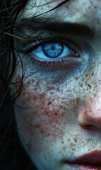 Canvas Print - A close up of a woman with freckles and blue eyes. AI.