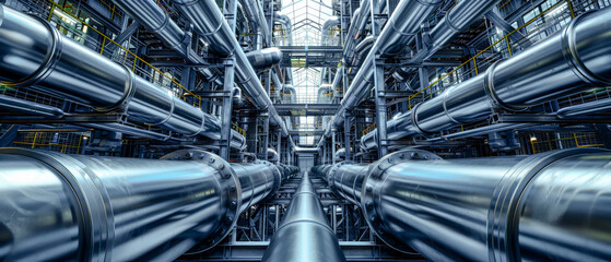 Array of industrial Pipes in and around Buildings Wallpaper Cover Background Brainstorming