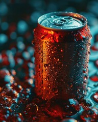 Sticker - A can of a soda sitting on top of some water. AI.