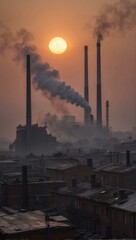 Wall Mural - A city with smoke coming out of the chimneys at sunset. AI.