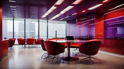 Poster - A table and chairs in a large room with red walls. AI.