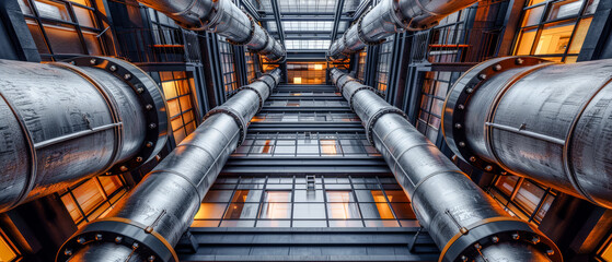 Array of industrial Pipes in and around Buildings Wallpaper Cover Background Brainstorming