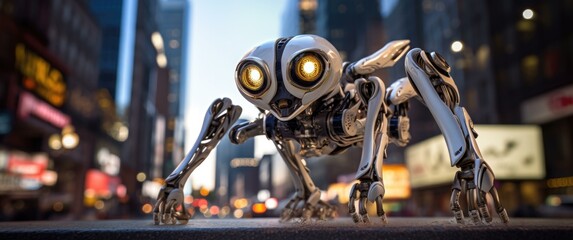 Canvas Print - A robot with large yellow eyes is standing on a city street. AI.