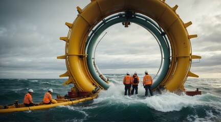 Poster - A group of people standing in the water near a large object. AI.