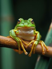 Canvas Print - A green frog sitting on a branch with its eyes closed. AI.