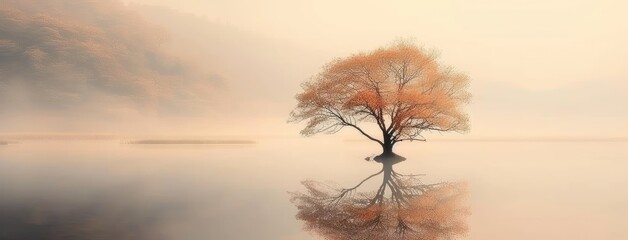 Wall Mural - Serene Tree Reflection on Misty Lake at Dawn