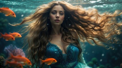 Wall Mural - A beautiful woman with long hair under water surrounded by fish. AI.