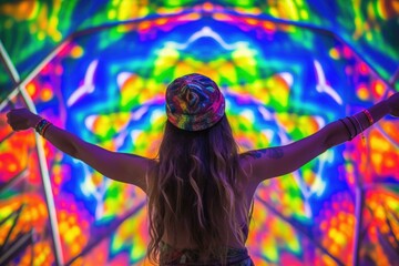 Sticker - A woman with her arms outstretched in front of a colorful light show. AI.