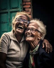 Wall Mural - Two women are smiling and laughing together in front of a building. AI.