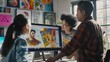 A young graphic designer showcasing her latest design on a large monitor to a man and an woman, both colleagues offering feedback in a creative workspace adorned with inspirational art. 