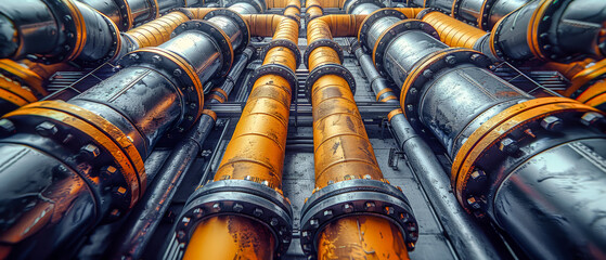 Wall Mural - Array of industrial Pipes in and around Buildings Wallpaper Cover Background Brainstorming