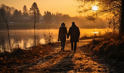 Two People Walking Along Path Towards Lake