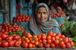 Mature woman in a headscarf smiles while surrounded by tomatoes at a local market stall