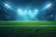 Football stadium arena for match with spotlight. Soccer sport background, green grass field for competition champion match.