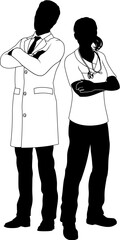 Poster - Male man and female woman doctors in silhouette outline