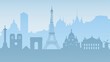 Silhouette of top Paris attractions. Light background with famous sights. Vector illustration