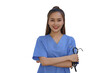 An Asian female doctor is holding a stethoscope on a white background.