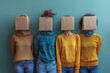 © Larisa AI - Four individuals stand in a row with cardboard boxes covering their heads, creating a metaphor for anonymity or conformity
