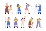 Fototapeta Panele - Surveyor engineers with geodetic surveying equipment set. Geodesy workers with topographic survey tools and measurement devices, theodolite. Flat vector illustration isolated on white background