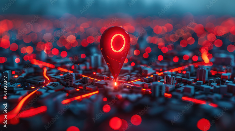 Red map pin in cityscape and network connection, indicating the city ...