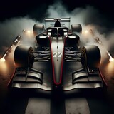 Fototapeta Londyn - Modern Formula Bolid car ready to race on black background in smoke.
