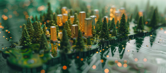 Poster - A highly detailed and realistic image of an AI circuit board depicting a city surrounded by forest