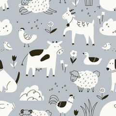 Wall Mural - farm animals, seamless pattern design in scandinavian doodle style. black and white kids background,
