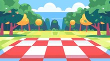 Colorful Cartoon Picnic Scene In Peaceful Park With Checkerboard Pattern