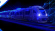 A train with a blue and silver design is shown in a futuristic setting. The train appears to be moving through a tunnel