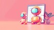 Cute Cartoon Robots with Digital Tablet