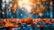 Orange maple leaves on the ground, blur bokeh background