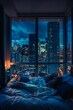 Penthouse bedroom at night, city background