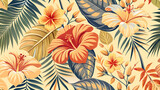 Fototapeta  - Repeating flower design with colorful blooms and leaves for spring wallpapers and fabrics