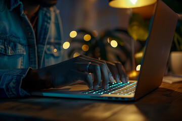 Hand of black man using laptop computer at night close up. Typing on laptop keyboard. Work overtime at his desk in office late. Man works, develops freelance business, study, plays computer game