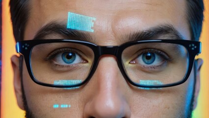 Data reflecting on eyeglasses on man's face. Computrer programmer big data and ux designer concept