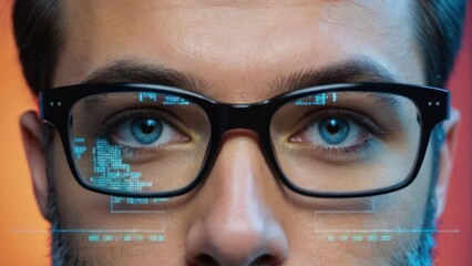 Data reflecting on eyeglasses on man's face. Computrer programmer big data and ux designer concept
